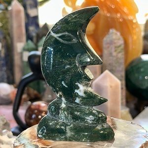 🔥SALE🔥 Moss Agate Crystal Moon Face Carving!